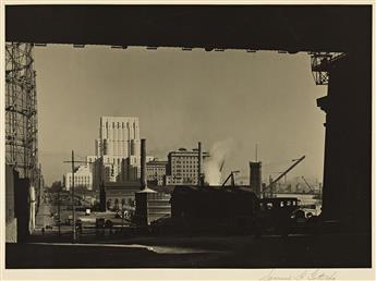 SAMUEL GOTTSCHO (1875-1971) New York Hospital from 59th St. and Sutton Pl., framed by Queensborough Bridge. 1932.                                